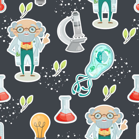 Seamless pattern about ecology, green science, saving our planet with the image of the character of a professor, bacteria and a microscope. Vector illustration on a dark background in cartoon styleのイラスト素材
