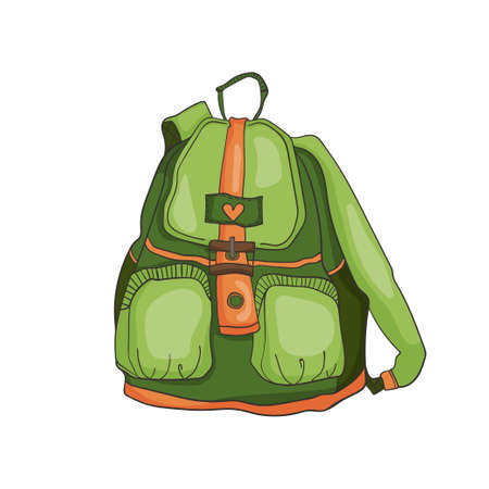 Isolated vector illustration of green sports womens backpack in romantic city style. Single hand drawn cartoon flat image for T-shirt printing, advertising, poligraphyのイラスト素材