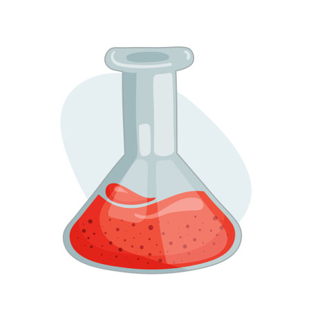 Isolated vector image of glass retort with red liquid inside. Illustration in flat simple cartoon hand-drawn style for printing on T-shirts, bags, for digital use.のイラスト素材
