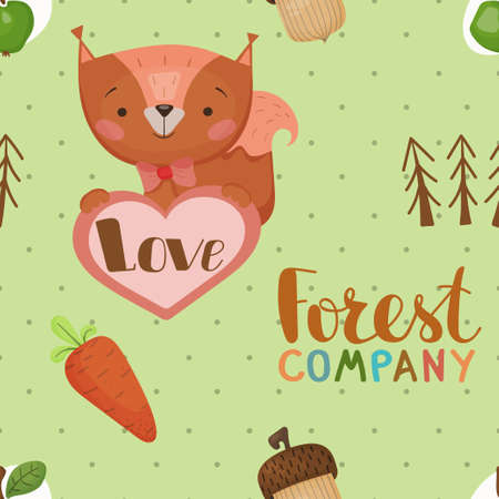 Seamless pattern for children with squirrels on a forest theme with an acorn, carrot and lettering. Vector illustration for children's room, print on no textiles and wrapping paper in flat cute hand drawn style.のイラスト素材