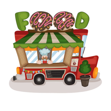 Isolated image of a cafe car on the street. Donuts, food, coffee shop on wheels. Colored flat cartoon illustrationのイラスト素材