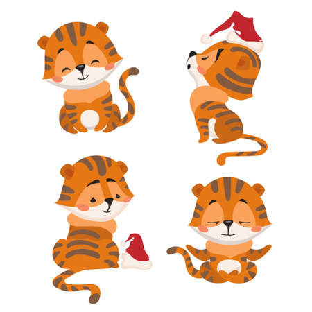 Set of vector illustrations of cartoon Chinese tiger cubs in New Year hats. Image in a fun flat style for print and digital use.のイラスト素材