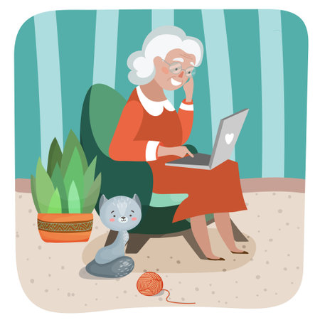 Vector illustration with a happy contented elderly lady from a laptop. Smiling grandmother in IT. An image in a fun flat style for print and digital use.のイラスト素材