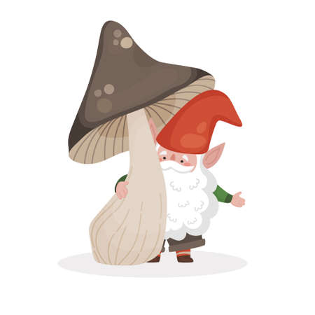 Vector isolated illustration of a little bearded gnome under a large brown mushroom. Fabulous cartoon image for kids in flat, simple style.のイラスト素材
