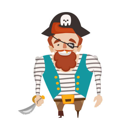 Vector image of a cartoon pirate in a vest, on a wooden leg, with a gold tooth and one eye. Children's bright illustration in a simple fun style for print and digital use.のイラスト素材