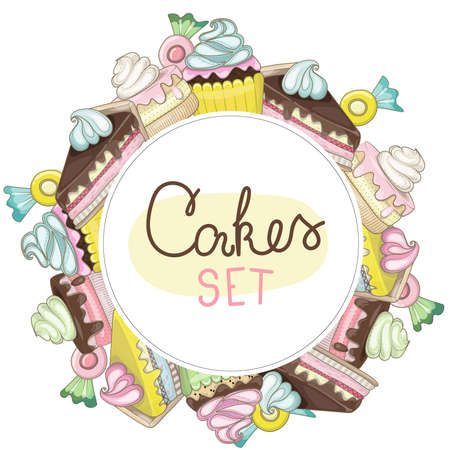 Vector illustration of a round frame  with cakes, cupcakes and sweets in a hand-drawn styleのイラスト素材