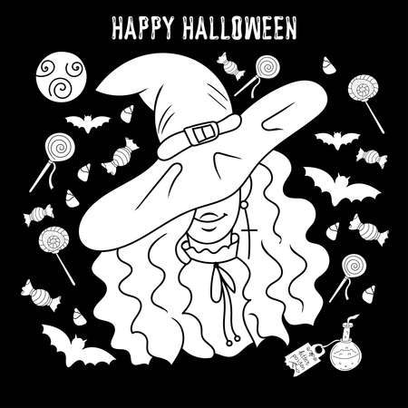 Halloween ghosts and candies, trick or treat, black outline collection, isolated on black background, vectorのイラスト素材