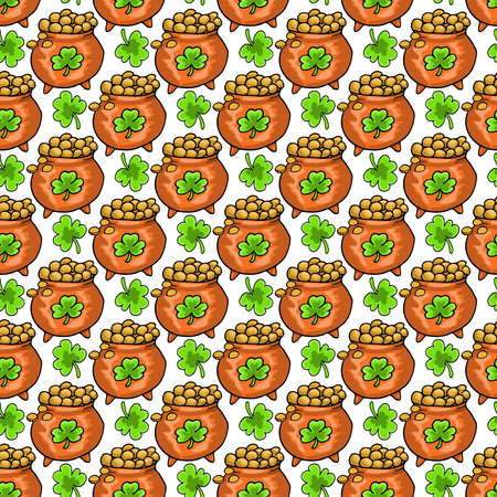 St Patricks Day festive seamless pattern with gold coins and shamrockのイラスト素材
