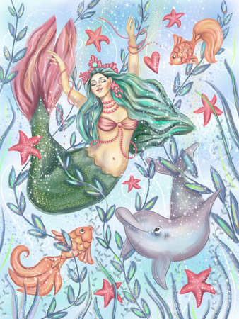 Mermaid with dolphin and starfish, underwater sea life, ocean fairytale illustrationの写真素材