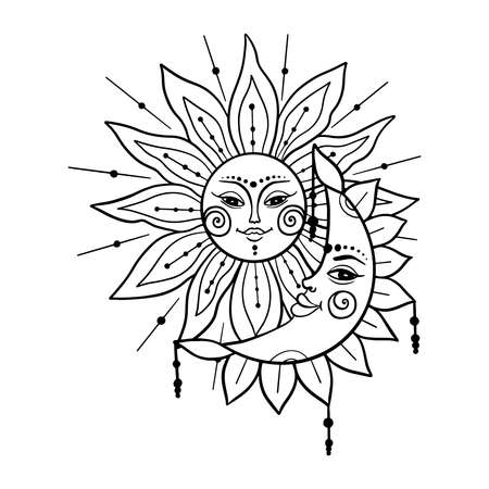 Sun and moon outline illustration, tattoo design, isolated on white background, vectorのイラスト素材