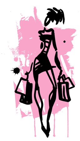 Shopping girl. Ink splatter. Vector illustration.のイラスト素材