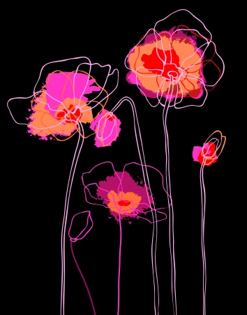 Pink  poppies on a black backgroundのイラスト素材