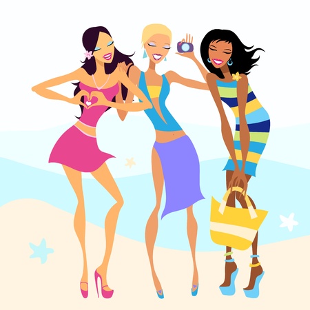 Beautiful girls on the beach  Summer illustration のイラスト素材