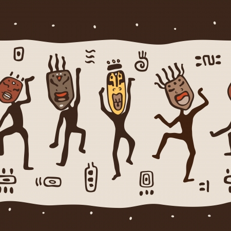 Dancing figures wearing African masks.  Primitive art. Seamless Vector Illustration.のイラスト素材