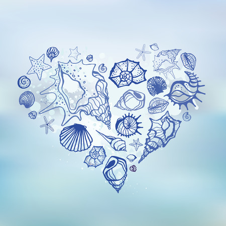 Heart of Sea shells   Summer holidays  Hand drawn vector illustration  Sea background のイラスト素材