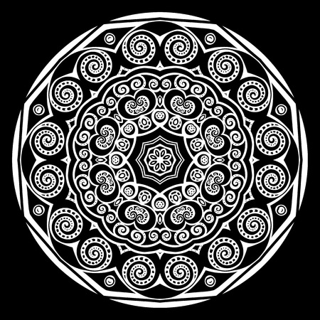 Silver mandala on black background. Indian patternのイラスト素材