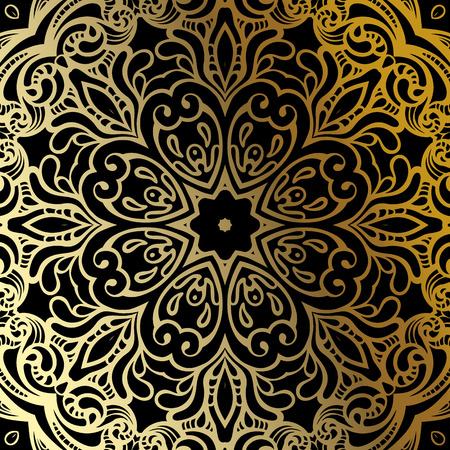 Gold mandala on black background. Ethnic vintage pattern.のイラスト素材