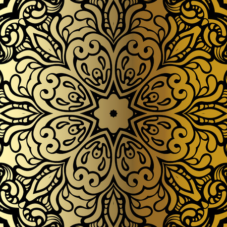 Gold mandala on black background. Ethnic vintage pattern.のイラスト素材