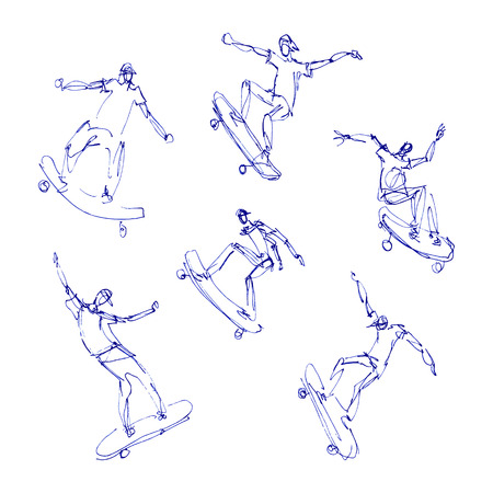 Skaters men. Sketches blue pen set. Hand drawn vector illustration.のイラスト素材