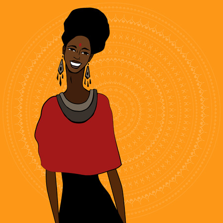 Profile of beautiful African woman. Hand drawn ethnic illustration.のイラスト素材