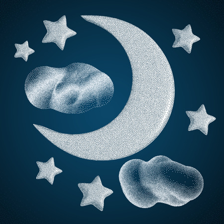 Night Sky. Moon with Clouds. Halftone style. Vintage Hand drawn Vector Illustration.のイラスト素材