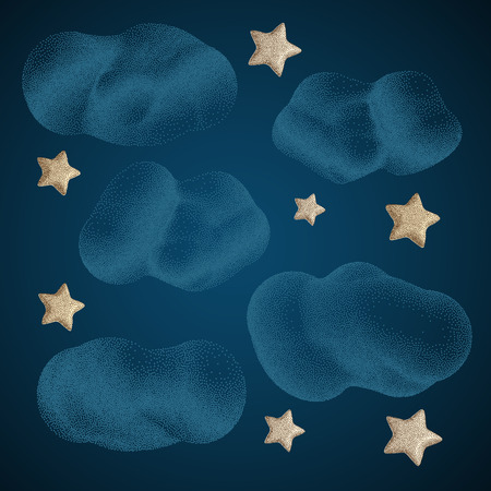 Stars with Clouds. Night Sky Halftone style. Vintage Hand drawn Vector Illustration.のイラスト素材