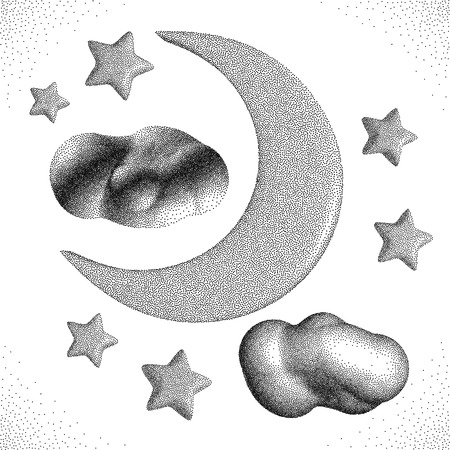 Night Sky. Moon with Clouds. Halftone style. Vintage Hand drawn Vector Illustration.のイラスト素材