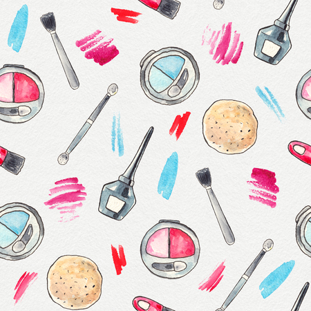 Watercolor Make up products set. Cosmetics. Seamless background Hand drawn Illustrationの写真素材