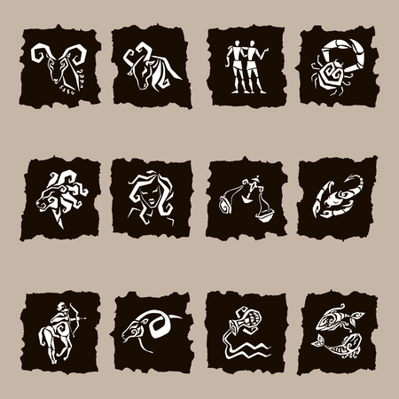 Zodiac icons. Freehand drawing. Zodiac sign silhouettes, set of horoscope symbols, astrology symbols set.のイラスト素材