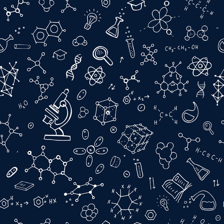 Seamless chemistry background. Vector hand drawn patternのイラスト素材