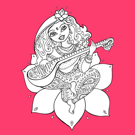 Hindu Goddess Saraswati. Vector hand drawn illustration.のイラスト素材