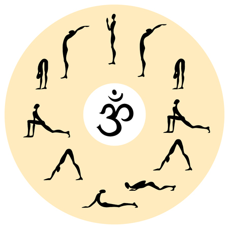 Illustration of yoga exercise salutation of sun Surya Namaskar.のイラスト素材