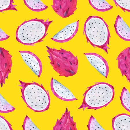 Pitaya. Tropical pattern of exotic fruit. Watercolor Seamless backgroundの写真素材