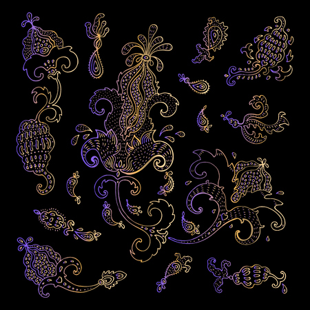 Paisley  Ethnic ornament. Vintage vector set on black background.のイラスト素材