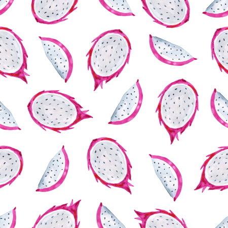 Pitaya. Tropical pattern of exotic fruit. Watercolor Seamless backgroundの写真素材