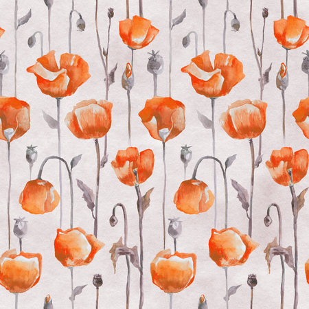 Red poppies on white background. Seamless watercolor patternの写真素材