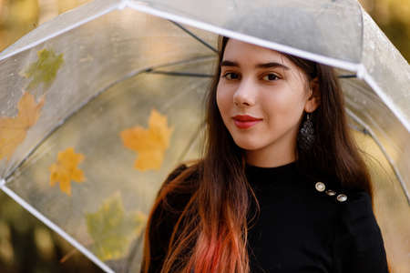 girl with a transparent umbrella is walking in the park in autumnの写真素材