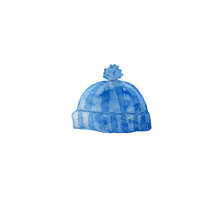 Blue winter hat isolated on white background. Watercolor hand drawn illustration
