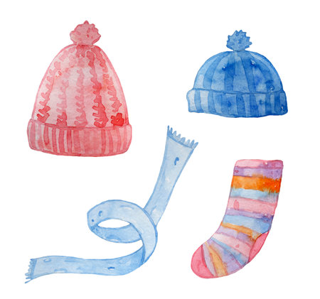 Watercolor warm knitted hats, scarf, sock isolated on white background.の写真素材
