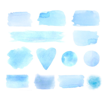Set of blue watercolor brush strokes. Hand drawn watercolor texture. Vector illustration.の写真素材