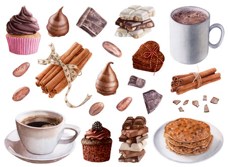 Chocolate, cocoa, muffins, chocolate and coffee. Watercolor illustration.の写真素材