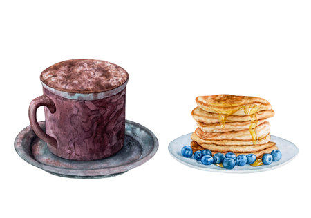 Watercolor illustration of a cup of coffee with pancakes and blueberriesの写真素材