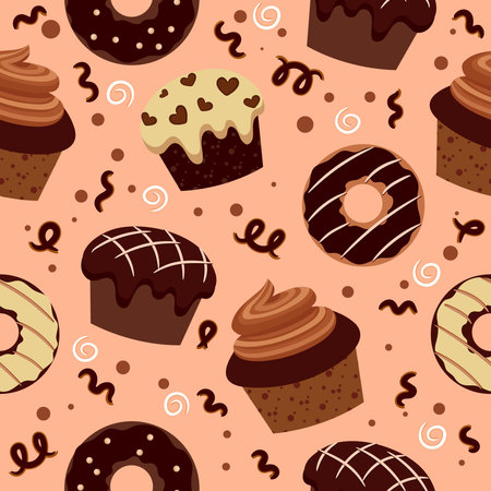 seamless pattern with chocolate brownies and muffins. chocolate products. vector illustration