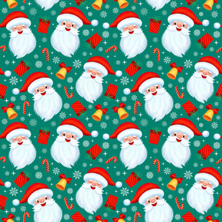 seamless christmas pattern template with cartoon style santa claus, gifts and greeting lettering....