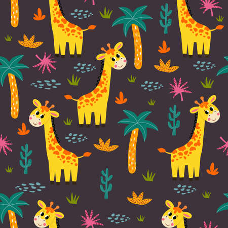 seamless pattern with African giraffe and plants in a childish cartoon style. vector illustration. for children's textiles and decorationのイラスト素材