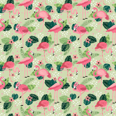 pink flamingos in different positions. seamless pattern. vector image. for printing on fabrics, paper cups, wrapping paper, phone cases. background with exotic birds, tropical plants,のイラスト素材