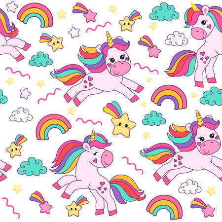 colorful seamless patterns with unicorns in cartoon style for kids. vector illustrationのイラスト素材