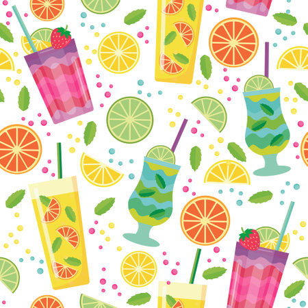 cocktails and slices of fruit. seamless pattern. vector image. for printing on fabrics, paper cups, wrapping paper, phone cases. for partyのイラスト素材