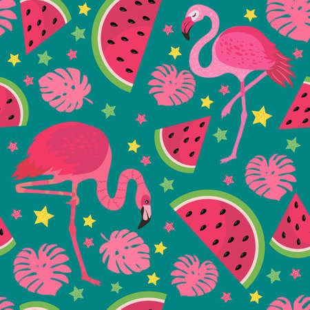 pink flamingos in different poses and watermelon. seamless pattern. vector image. for printing on fabrics, paper cups, wrapping paper, phone cases. for partyのイラスト素材