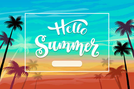 summer card with palms, sunset and beach. vector illustrationのイラスト素材